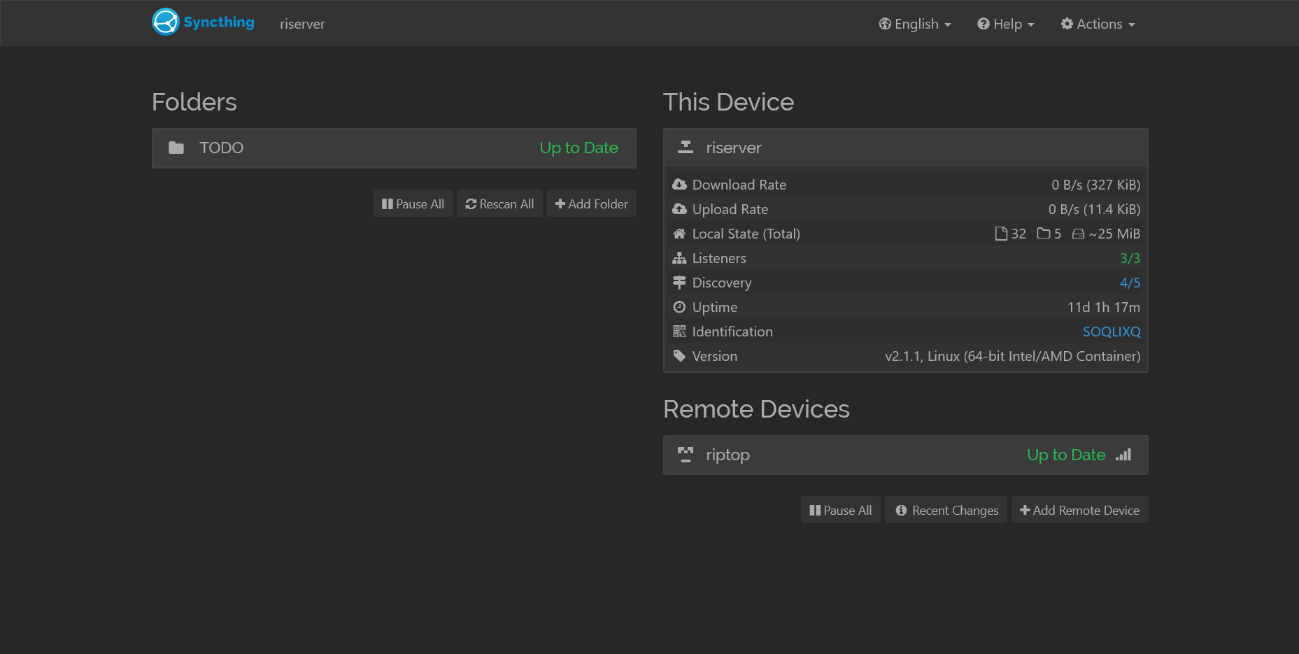 Syncthing web UI showing a shared folder in sync