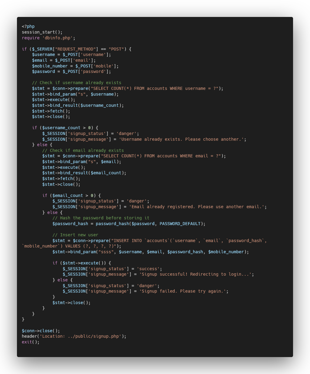 Snippet of User Sign Up Logic